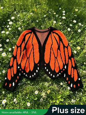 Plus Size Women's Trendy Butterfly Pattern Cardigan, Open Front Batwing Sleeve Knitted Outerwear, Short Design, Casual Fashion Knitwear for Vacations & Parties