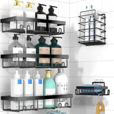 Jabukosu Matte Gold Stainless Steel Shower Organizer Set - 5 & 1 Wall-Mounted Shelf Holders, No-Drill Waterproof Adhesive Bathroom Storage Organization Box Pack for Shampoo & Soap