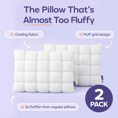 Mellow Sleep | Puff Pillow (2-Pack) – Soft Quilted Puff Grid Design Pillow, Fluffy Plush Bed Pillow with Cloud Like Comfort, Breathable Support Pillow for Side, Back & Stomach Sleepers, Cozy Bed Pillow for Better Sleep