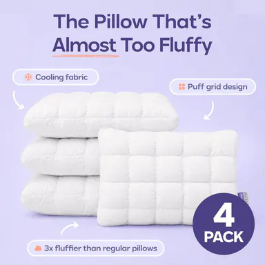 Mellow Sleep | Puff Pillow (4-Pack) – Soft Quilted Puff Grid Design Pillow, Fluffy Plush Bed Pillow with Cloud Like Comfort, Breathable Support Pillow for Side, Back & Stomach Sleepers, Cozy Bed Pillow for Better Sleep