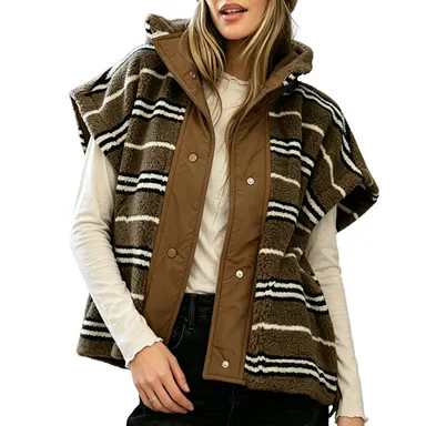 Fisoew Women's Elegant Chocolate Striped Sherpa Fleece Vest, an Essential Oversized Fit Gilet and Layering Piece with Stand Collar, Casual, Chic, Style
