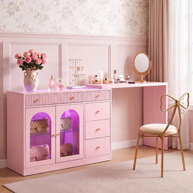 RoyalCraft L-Shaped Corner Vanity Desk - 59\"/75\" Size Options, Tempered Glass Top, Rotatable & Extendable, with Drawers & Doors, LED Lights, Multiple Colors Available, for Bedroom & Dressing Room