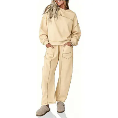 Fisoew Womens 2 Piece Contrast Seams Tracksuit Set Long Sleeve Crew Neck Cropped Sweatshirt & Relaxed Wide Leg Pocket Sweatpants Casual Loungewear, 2 Piece Sets, Women 2 Piece Sets