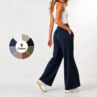 Women's Silky Wide-Leg Joggers - All Season Loose-Flow Wide-Leg Pants, Elastic Waistband Full-Length Casual Comfy Bottoms for Casual Travel