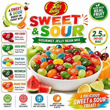 Jelly Belly Sweet & Sour Jelly Beans Snack, 2.5lb Bulk Bag with Very Cherry, Green Apple, Sour MIx, Watermelon, Orange Crush Flavors, Premium Soft Chewy Tangy Assortment for Movie Night Parties, Candy Buffets