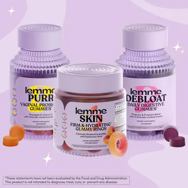 Full Coverage Bundle - Lemme Debloat Gummies, Lemme Purr Gummies & Lemme Skin Gummy Rings, Digestive Probiotic Gummies + Vaginal Probiotic Gummies + Firming & Hydrating Skin Gummies with Clinically-Studied Ceramosides