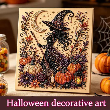 Beginner Diamond Art Kit - DIY Halloween Witch-on-Moon Pearl-Style Bead Painting, Colorful Craft Supplies for Adults, Fall & Halloween Wall Decor
