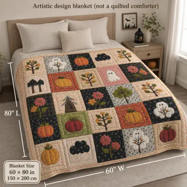 Ghost Pumpkin Floral Tree Throw Blanket, Soft Flannel Fleece One-Piece Printed Grid Design with Cottagecore Autumn Art for Harvest Bedrooms and Halloween Lounges, Cozy Sofa Bed Accent for Couch Naps, Birthday Holiday Gift for Fall Home Decor Fans