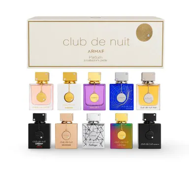 ARMAF Club de Nuit Parfum Mini Set with Maleka Eau de Parfum Unisex 10 × 5 ml | Ten signature Club de Nuit scents in one box — from smoky‑fruity Intense Man to regal floral Maleka