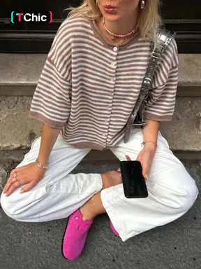 Women's Casual Striped Knit Top, Five-Quarter Sleeve Button Front, Loose Fit, Spring Summer Fall, Street Style, Date Night