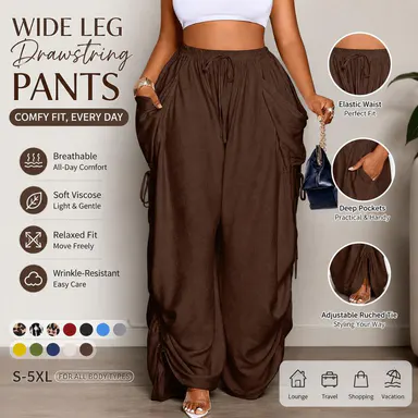 Women's Casual Loose-Fit Wide Leg Pants, All-Season Woven Fabric, Long Plain Design, Daily Commute & Vacation Wear