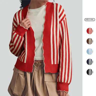 Imily Bela Women Soft Knit Striped Cardigan Cozy Curved Front Sweater with Contrast Stitch Detail