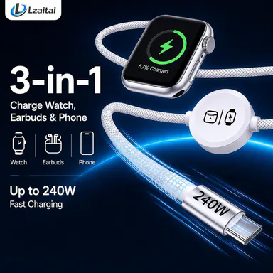 240W 3-in-1 USB Type-C Travel Charger with Built-In Magnetic Watch Charger, 5FT Braided USB-C Cable, Compatible with Smart Watches, Wireless Earbuds, iPhones, iPads, MacBooks, Samsung & Android Mobile Devices