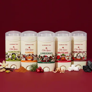 Old Spice Limited Seasonal Edition 5-Piece Deodorant Bundle for Men, Aluminum Free, 3oz Each: Lumbersnack Fresh Pine, Serial Griller Charred Marshmallow, Brutecake Iced Cranberry, Frankenstud Vanilla Pistachio, Pumpking Pumpkin Spice