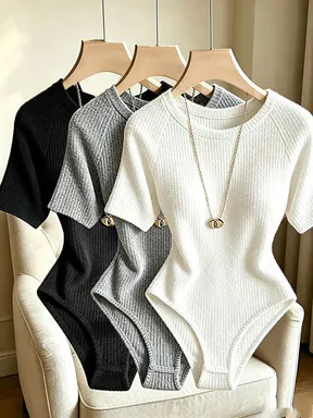 Women's Elegant Ribbed Knit Round Neck Bodysuit, High Stretch Slim Fit Bodysuit, 3-Piece Fashionable Casual Tops for Daily Wear
