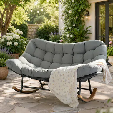 2-Person Oversized Papasan Chair, Heavy-Duty Metal Frame Outdoor Rocking Chair with Gentle Rock, Thick Cushion, Curved Seat, 660lb Capacity Patio Yard Furniture