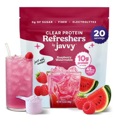 Javvy Raspberry Watermelon Refresher - Premium Clear Whey Protein Drink with Electrolytes, Fiber, 45mg Caffeine - 100% Natural Flavors, 0g Sugar, 0 Artificial Colors & Sweeteners - 20 Servings