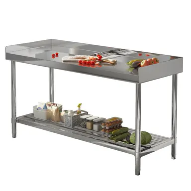 New Upgraded Commercial Stainless Steel Work Table - 3-Sided Backsplash, Adjustable Undershelf, Heavy-Duty Easy-Clean Food Prep Workstation for Patio Garden Home Indoor Outdoor Restaurant Kitchen, Hotel or Garage