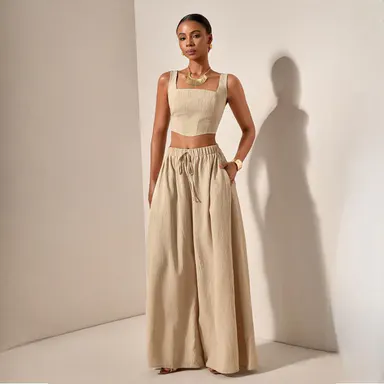 Spring/Summer Vacation Casual Fishbone Cami Top And Wide-Leg Pants with Pockets 2pcs Set, Textured Fabric Material, Sleeveless, 2 Piece Sets