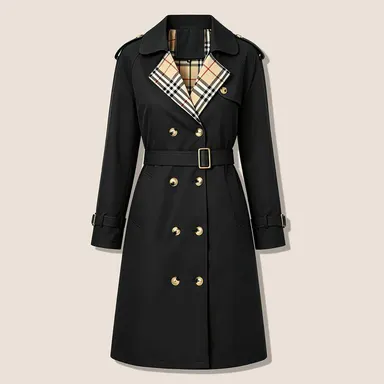 Women’s fashionable cape coat—double-breasted long design with a lapel collar and plaid pattern, featuring an adjustable waist belt that cinches the figure; classic British-style outerwear suitable for everyday commuting, office wear, travel, and dates.so