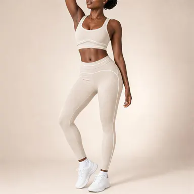 Women's 2-Piece Activewear Set - Scoop Neck Crop Sports Bra, High-Waisted Ankle-Length Leggings with Contrast Piping, Matching Outfit for Yoga, Gym Training, Daily Wear
