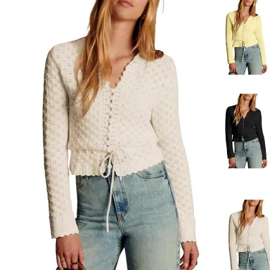 SCUSTY Women’s Casual Long Sleeve Crew Neck Crochet Cardigan Lightweight Hollow Out Tie Front Knit Short Sweater Tops