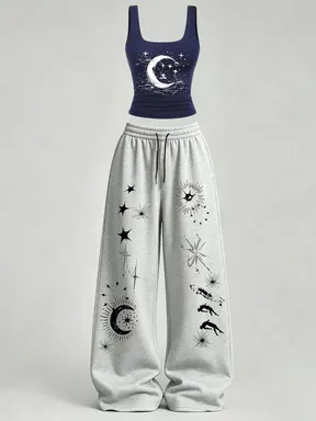 Women's Casual Home Wear Set, Clothes, U-Neck Slim Fit Tank Top + Loose Pants, Star Moon Print, Y2K Street Style, Daily Commute, Campus, Home Relax