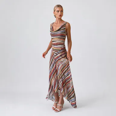 LikeMyChoice Women Colorful Stripe Print Satin Midi Slip Dress Cowl Neck Spaghetti Strap Asymmetrical Irregular Hem Flowy Summer Vacation Party Dress
