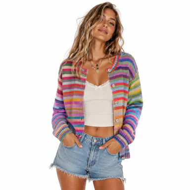 UTCOCO 2026 New Women's Fluffy Basic Rainbow Striped Long-Sleeve Crew Neck Button-Down Nylon Knit Cardigan, Casual Loose Soft Outerwear for Beach, Pairable with Leggings