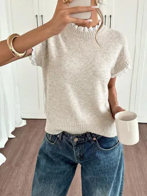 Apricot Round-Neck Lace-Trimmed Knit Vest for Work, Everyday Wear for Spring and Summer