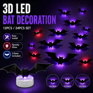 3D Bat Light LED Decorations, 12pcs/24pcs Halloween Spooky Ornaments, Bendable Wall Stickers with Smooth Bubble-Free Application, Easy Install Battery Powered Glowing Decor, Non-Remote Indoor Decor for Home, Party, Window, Door, Festival