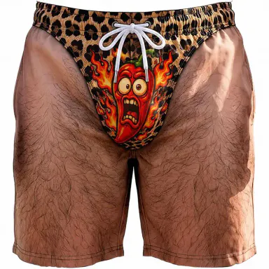Male Tropical Hawaiian Beach Shorts - Breathable Above-Knee Swim Trunks with 3D Hairy Body Briefs Graphic, Funny Leopard Print Fake Briefs Beach Wear