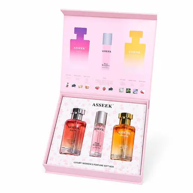 [ASSEEK] Women's Perfume Gift Set - 2 Full-Size 2.7oz EDPs, 1 Discovery Mini, Fruity Floral & Amber Gourmand Scents, Long-Lasting for Dates & Everyday Wear, Perfumes