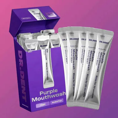 DR.DENT Purple Oral Care Mouthwash - 20-Pack Travel Mouthwash Packets - Alcohol-Free, Peroxide-Free, Vegan Mint, Contains Xylitol