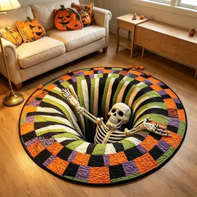 Halloween 3D Skeleton Vortex Optical Illusion Round Rug, Multi-Size A1:16\" Quilted Mat - Soft Non-Slip Fabric Indoor Halloween Decor, Living Room Decorations for Home Use
