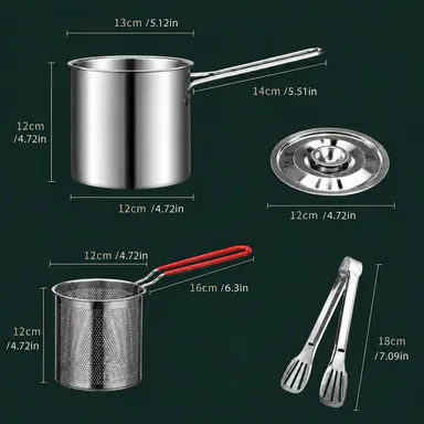 Stainless Steel Deep Fryer Set - 5.12*4.72in 1-Person Mini Pot with Fry Pot, Filter Basket & Food Clip, Rust-Resistant Portable Cookware for Home Kitchen Chips, Chicken Wings
