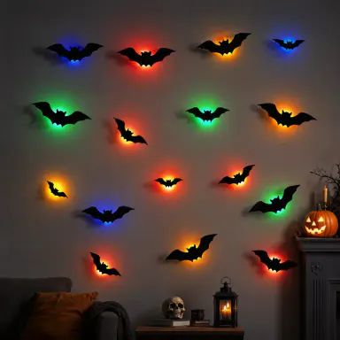 [SummerWins] 12/36/60Pcs 7-Color Changing Bat LED Night Light, Flashing Rainbow Ambient Lamp, Battery Powered Spooky Halloween Decor Light, Wall/Window Decor, Cute Horror Atmosphere Light For Indoor Party Bedroom Holiday Decoration & Festive Ornaments