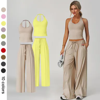 Women's 2-Piece Athleisure Outfit, Casual Summer Ribbed Matching Set with V-Neck Strappy Top and Wide Leg Pants, Breathable Lounge Wear for Gym & Travel, Summer 2 Piece Set, Women's Tops, Gym Sets For Women,basic,
