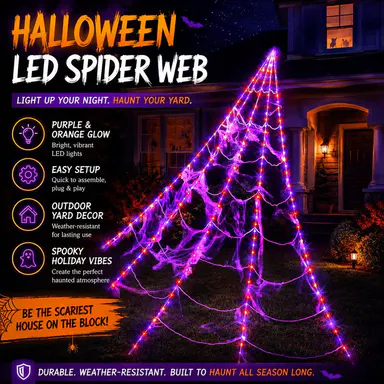 Glowing Spider Web LED Lights - Purple, Orange, Timer Function, Halloween Aesthetic Spooky Lights for Outdoor Lawn Porch Garden, Indoor Halloween Decorations