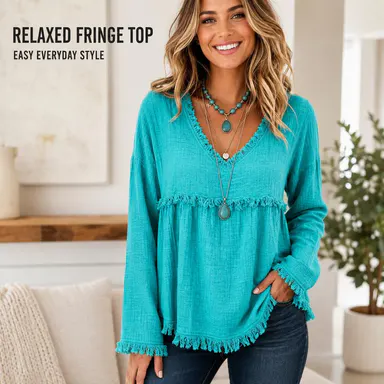 Women’s Boho V Neck Long Sleeve Fringe Top, Casual Loose Fit Textured Babydoll Blouse, Flowy Tassel Hem Tunic Shirt, Western Fall Fashion Tops, Plus Size S–3XL, Tops For Women, Women's Clothes