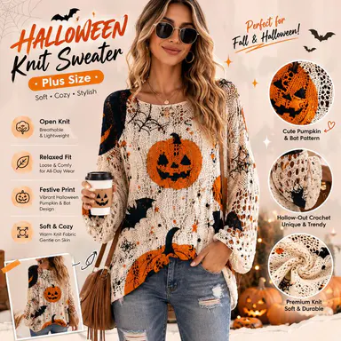 Women's Long-Sleeve Style Knitwear Piece, Halloween Pumpkin-Bat Print Casual Fall Pullover, Trendy Women's Clothing for Ladies,sohochic