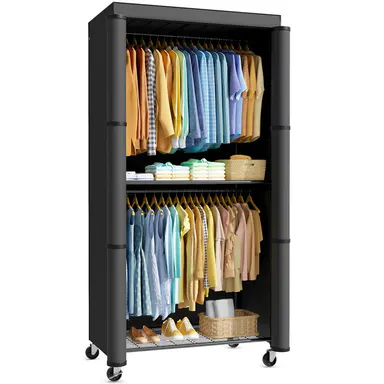 Black Iron Frame Wardrobe Rack with Cover - 35.4\"x17.7\"x79.7\", Heavy Duty, Rust-Resistant, Open Front, Lockable Wheels, Bedroom Use, Home Organizer Storage Closet