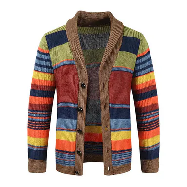 Men's Autumn Winter Rainbow Color-Block Lapel Knit Cardigan, Retro Striped Button-Front Long-Sleeve Loose-Fit Outerwear, Versatile Casual Fashion Top Classic Knitwear