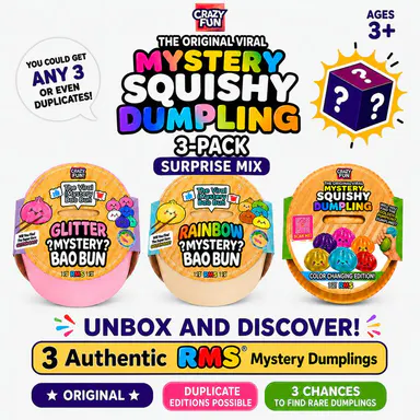 Authentic RMS Mystery Squishy Dumpling Surprise Mix 3-Pack – Original CRAZY FUN RMS Mystery Squishy Dumpling Fidget Toys in Sealed Steamer Baskets, Random RMS CRAZY FUN Editions, Duplicates Possible, Rare Dumplings possible, Ages 3+