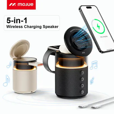 MOJUE 5-in-1 Fast Charging Bluetooth Speaker Stand with Built-in Cells, Wireless Induction, Adjustable Night Light, Qi2 Certified 15W Charger for iPhone Series (17/16/15/14/13 Pro Max), Smart Watches, True Wireless Earbuds