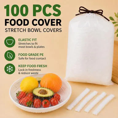 100PCS Disposable Stretch Food Covers, Elastic Kitchen Bowl & Plate Lids, Plastic Wrap Alternative for Food Storage