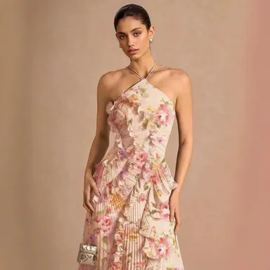 Women's 2026 Ocean Style Sleeveless Printed Fabric Pleated Ruched Evening Gown, Elegant Dresses for Women, Party Wear Wedding Guest Dresses