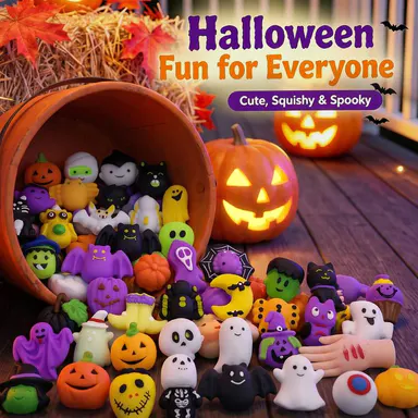 Summerween Halloween Squishies Fidget Kids Toys Set, Unisex Festive Pumpkin-Ghost-Bat Shapes, Super Soft TPR Material, Elastic Squeeze Feel, Washable Durable, 30/60/90pcs for Party Favors & Classroom Rewards