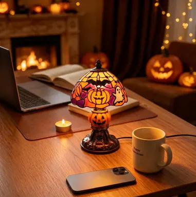Retro Pumpkin Bat Pattern Single Desk Lamp - Vintage Glow Night Light, Nightstand-Compatible, Cozy Halloween Decor Gift, Whimsical Home Decor, Bedroom Lamp for Home Stylists