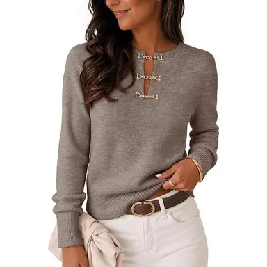 MEROKEETY Women's Fall Lightweight Sweater Business Casual Tops | Ladies Work Sweaters, Notched Neck, Long Sleeve, Horse bit Accents, Vintage Pullover, 2026 Winter Fashion Clothing